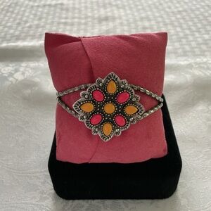 Yellow/Orange Cuff Silver Tone Bracelet